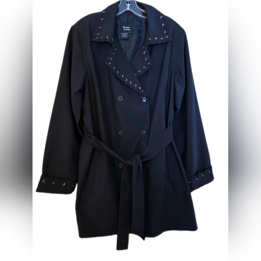 Dennis Basso Black Trenchcoat Grommets Goth Rocker Whimsigoth Witchy Size Large